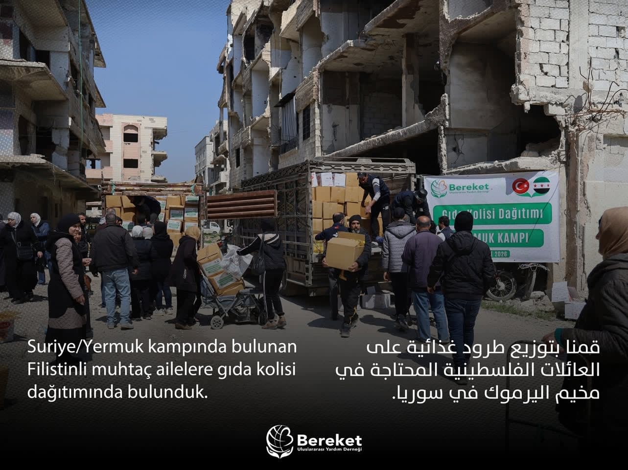 istributed food parcels to needy Palestinian families in Yarmouk Camp in Syria.